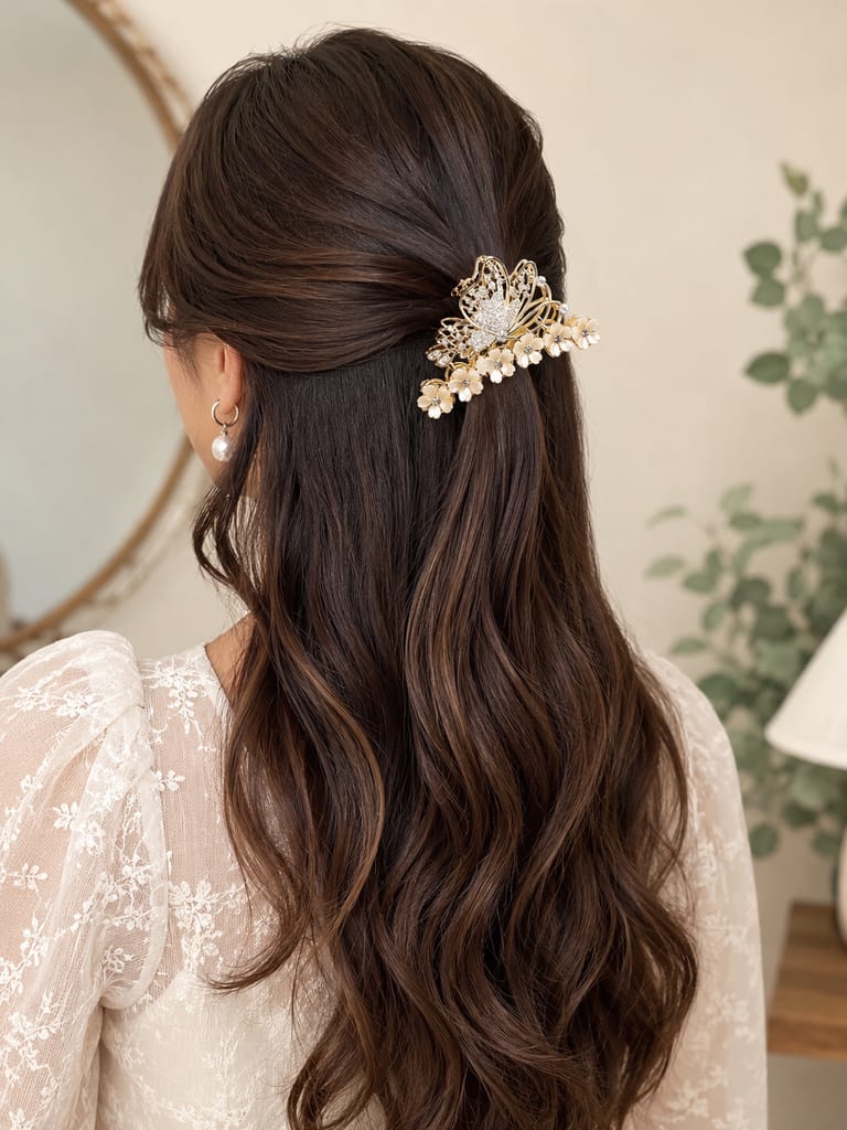 Luxury Gold Butterfly & White Flower Hair Claw view 2