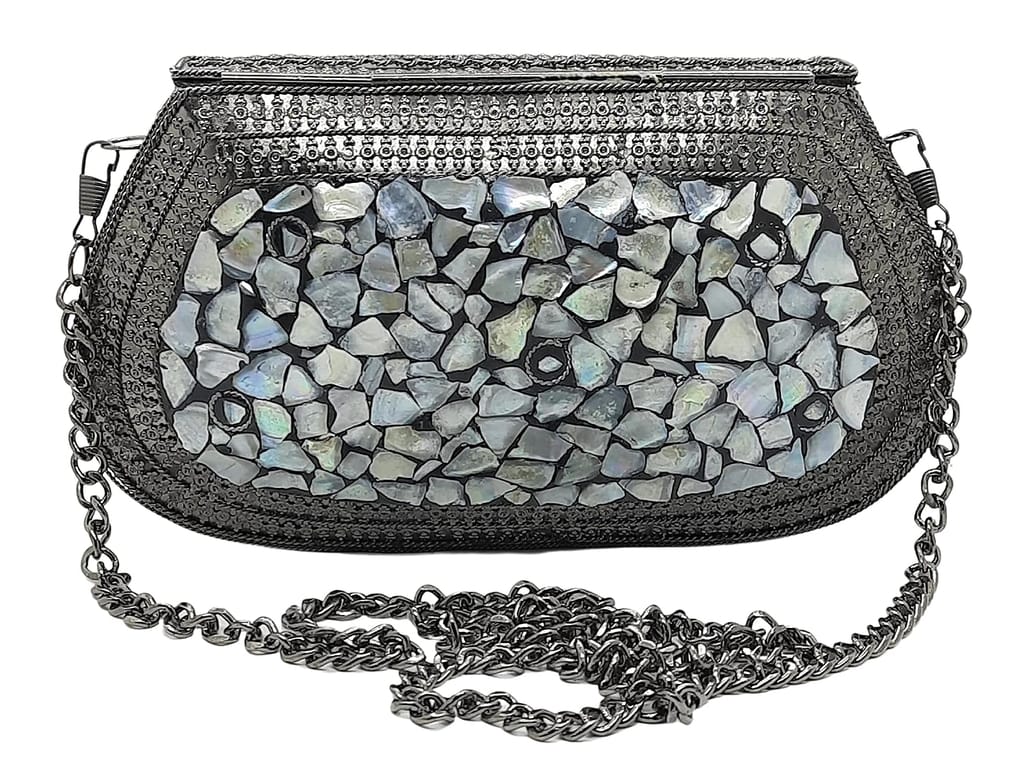 Women Antique Vintage Metal Mosaic Clutch Evening Bag Handcrafted Stone Handbag Purse Made in India (Silver) view 2
