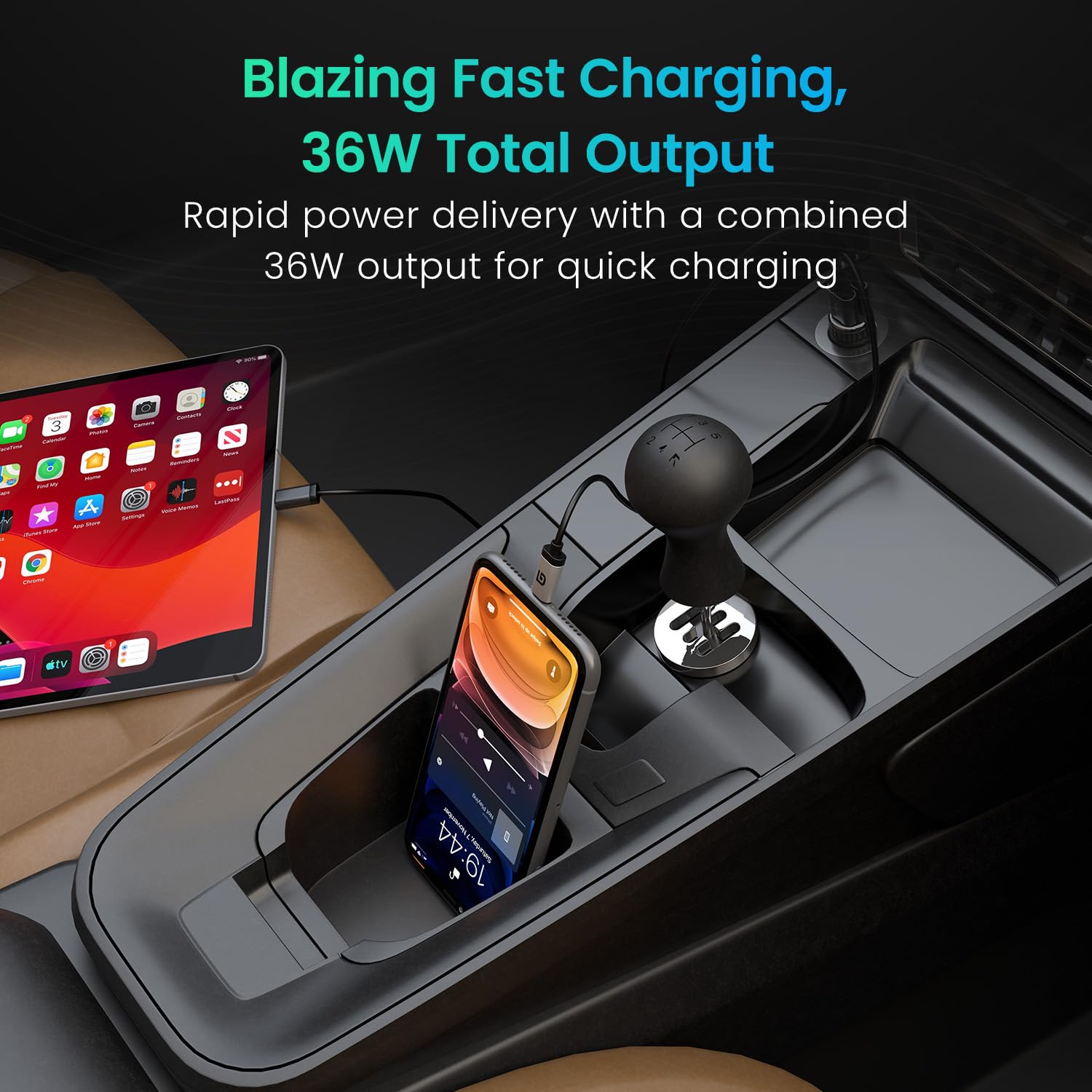 Portronics Car Power View 36W Car Charger, Dual Port (18W USB Type-A & 36W Type-C), Fast Charging, PPS Tech, Transparent Design, Safe Power Delivery for Multiple Devices (Black) view 2