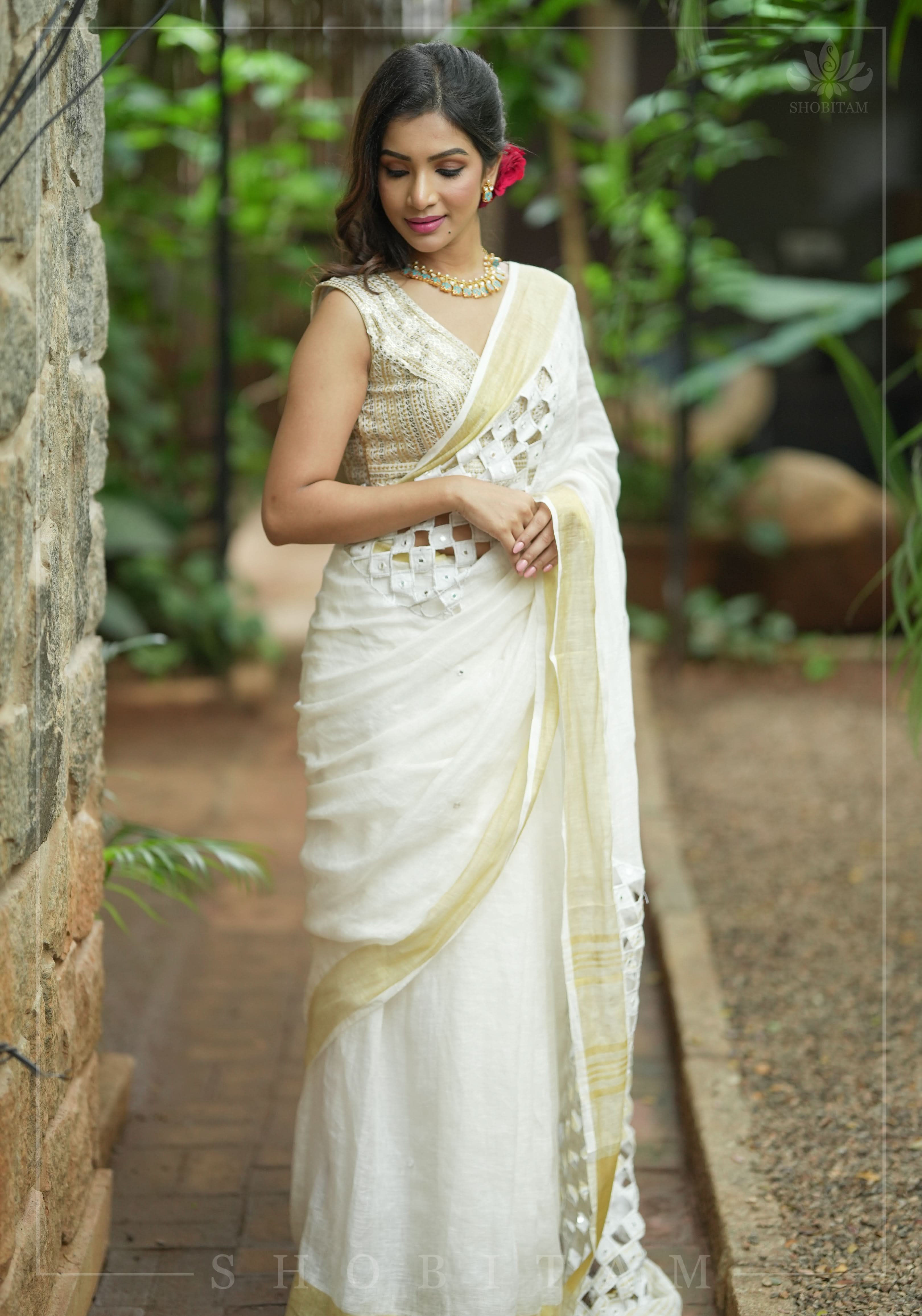 Cutwork and Mirror Work Linen by Line Saree in Chalk White view 2