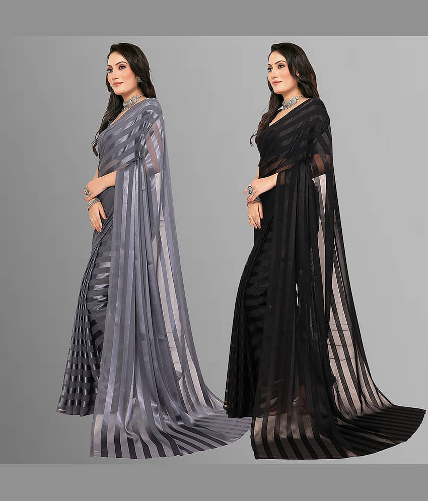 ANAND SAREES Satin Striped Saree With Unstitched Blouse Piece ( Multicolor ) view 2