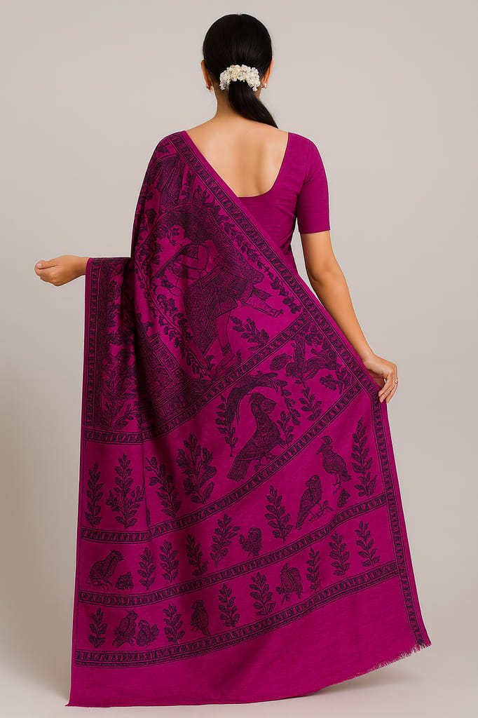Magenta Silk Saree with Madhubani Print view 2