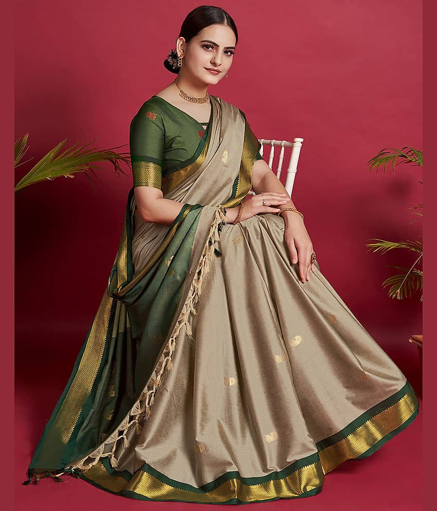 FAB SILK Cotton Silk Embellished Saree With Unstitched Blouse Piece ( Beige ) view 2