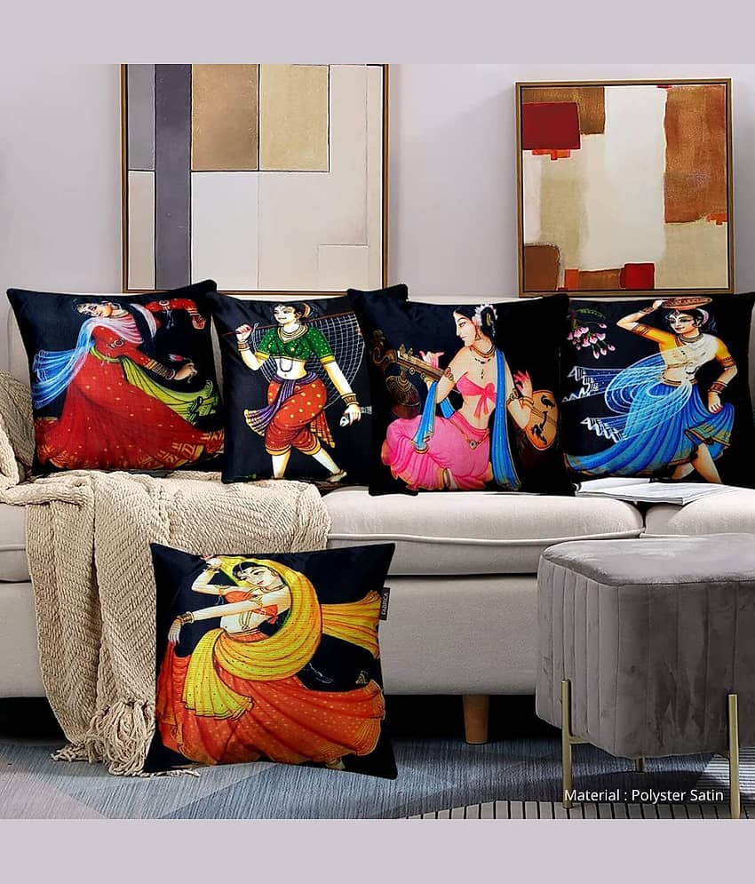 Laphino Set of 5 Jute Graphic Square Cushion Cover (40X40)cm - Black view 2