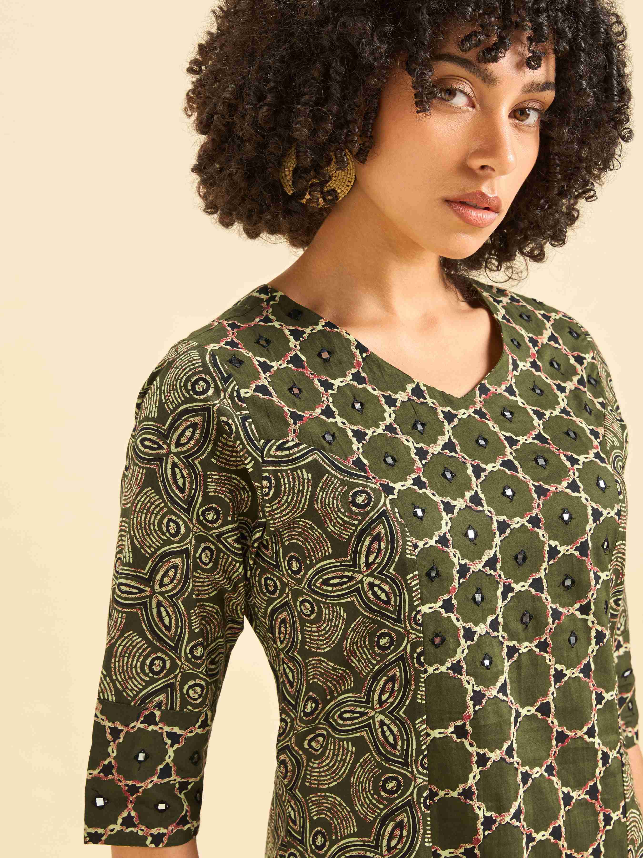 Olive Green Pure Cotton Printed Kurti With Mirror Work view 2