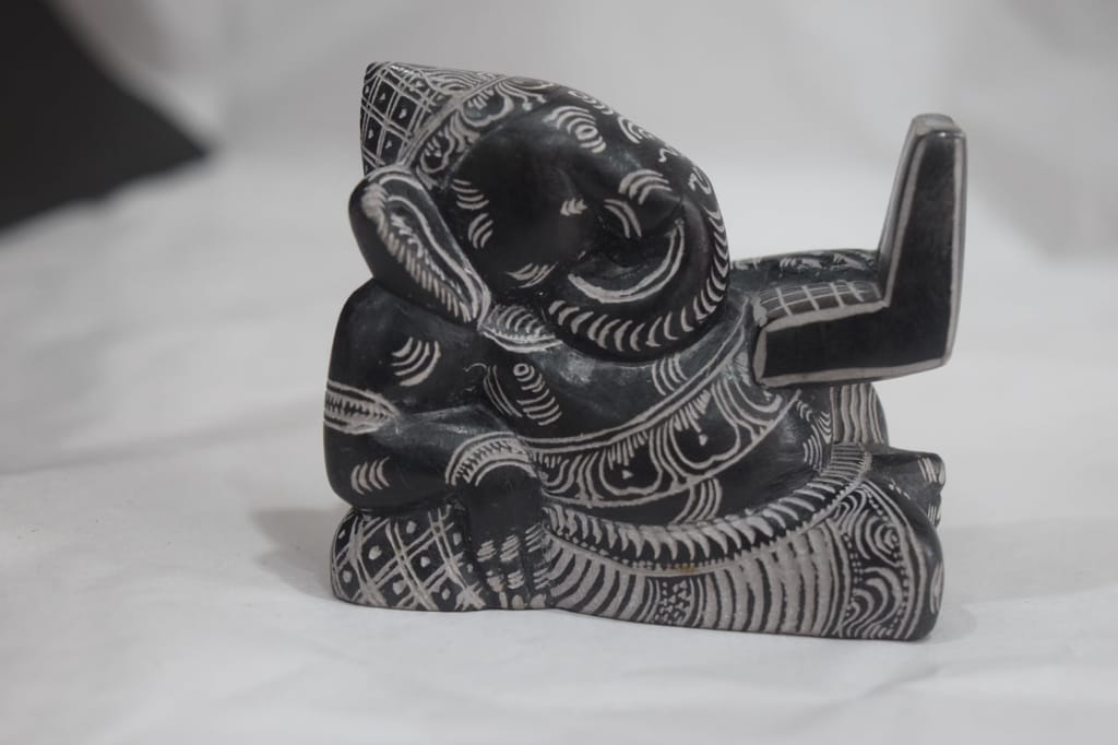 Decorative Black Stone Computer Ganesha Small Statue with White Tribal Pattern Design, Handcrafted Display Holder view 2