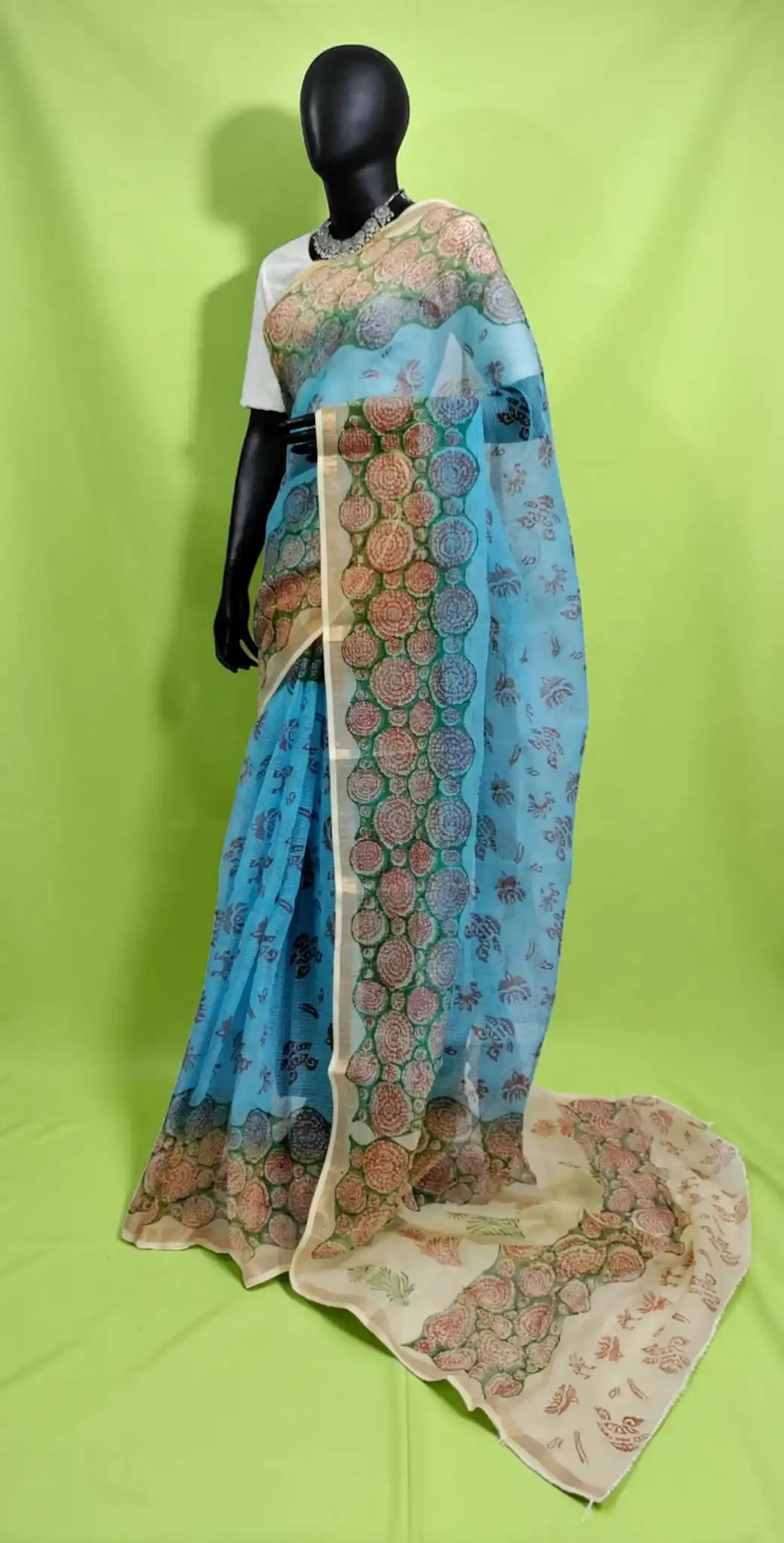 Handwoven Kota Doria Saree in Blue with Block-Printed Border view 2
