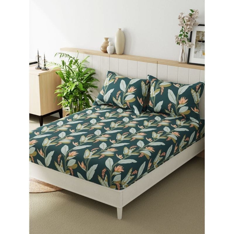 Quirky Home Fantasy Collection Premium Cotton Blend 180 TC Fitted Double Wrinklefree Bedsheet with 2 Pillow Covers, Green Floral view 2