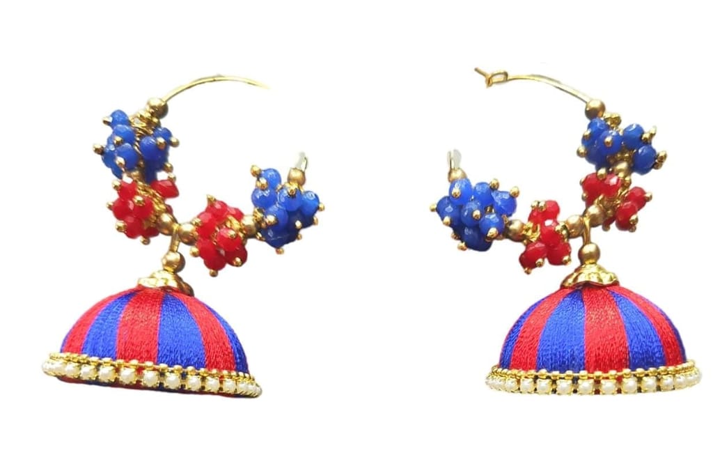Blue and Red Silk Thread Jhumka Earrings with Pearl and Stone Detailing view 2