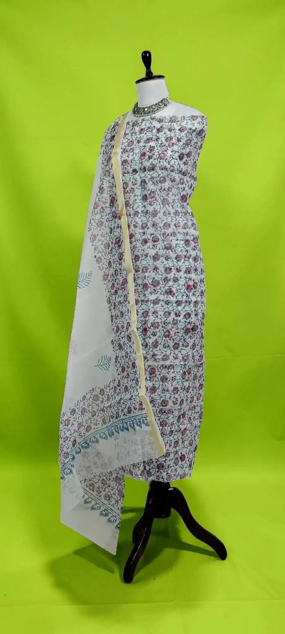 Handwoven Kota Doria Dress Material with Hand Embroidery, Slate Blue view 2