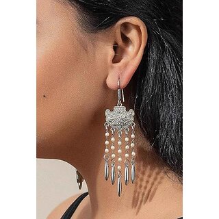 LOOK AND ADORN German Silver Dangle Pearl Earring, White and Silver, Handmade view 2