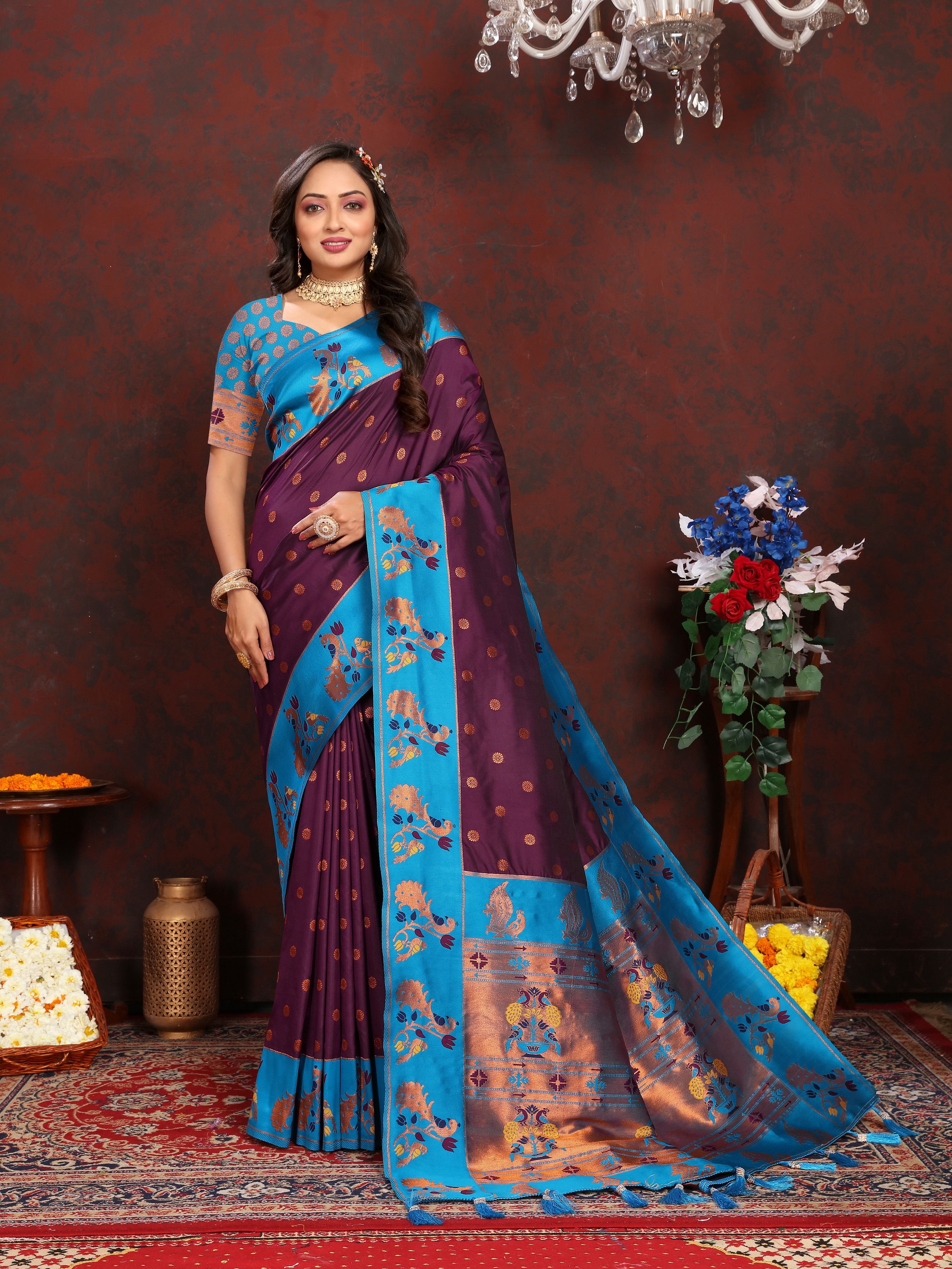 Soft Paithani silk saree with zari weawing desi... view 2