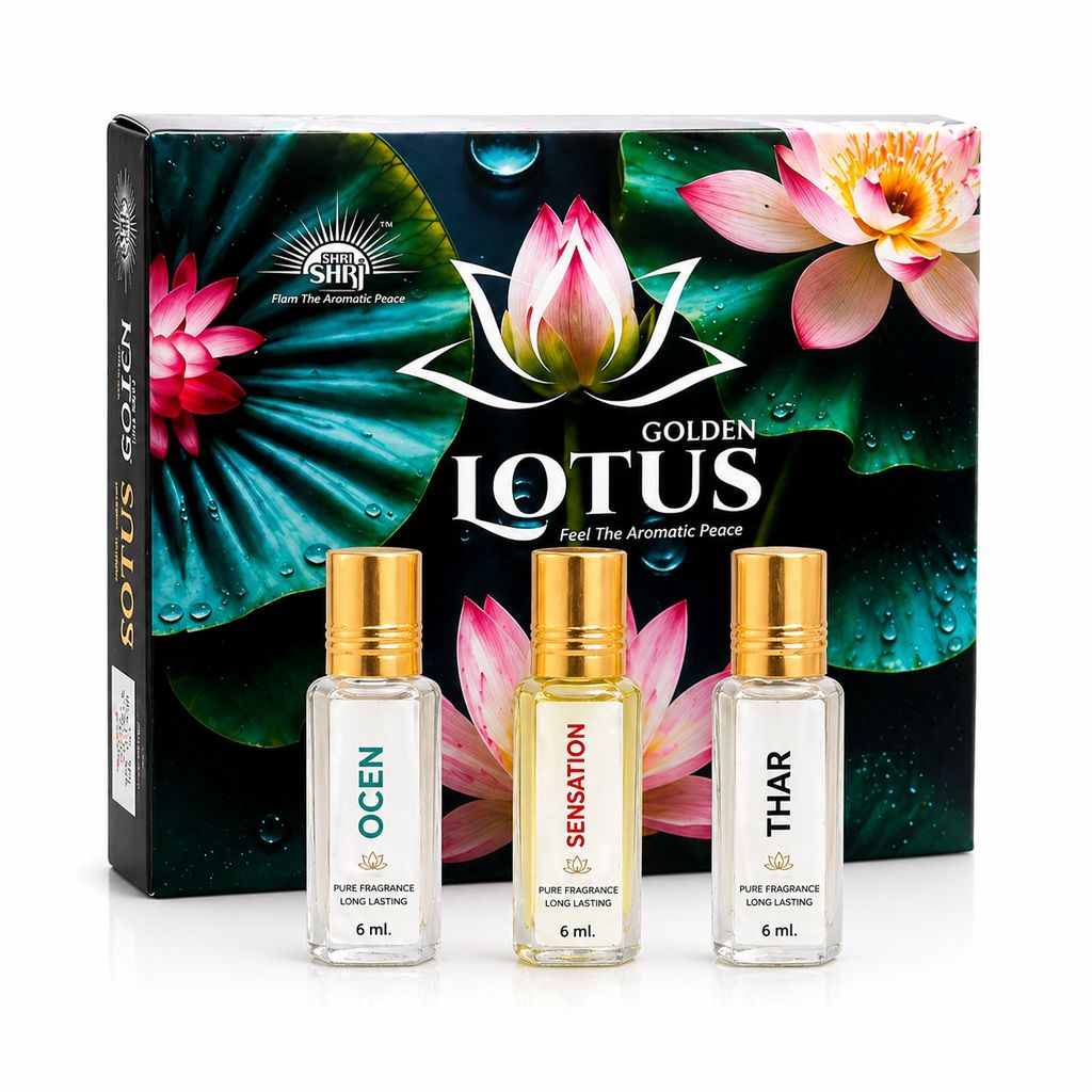 Shri ShriJi Golden Lotus Perfume Gift Set (3 x 6ml) | Alcohol-Free Premium Perfume for Men & Women | Long Lasting Fragrance | Luxury Gift Pack