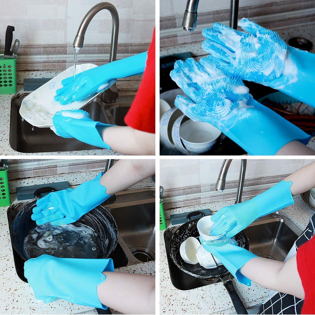 Flying Monk� Reusable Rubber Silicon Household Safety Wash Scrubber Heat Resistant Kitchen Gloves for Dish washing, Cleaning, Gardening Wet and Dry Wet and Dry Glove (Free Size)- Assorted Color view 2