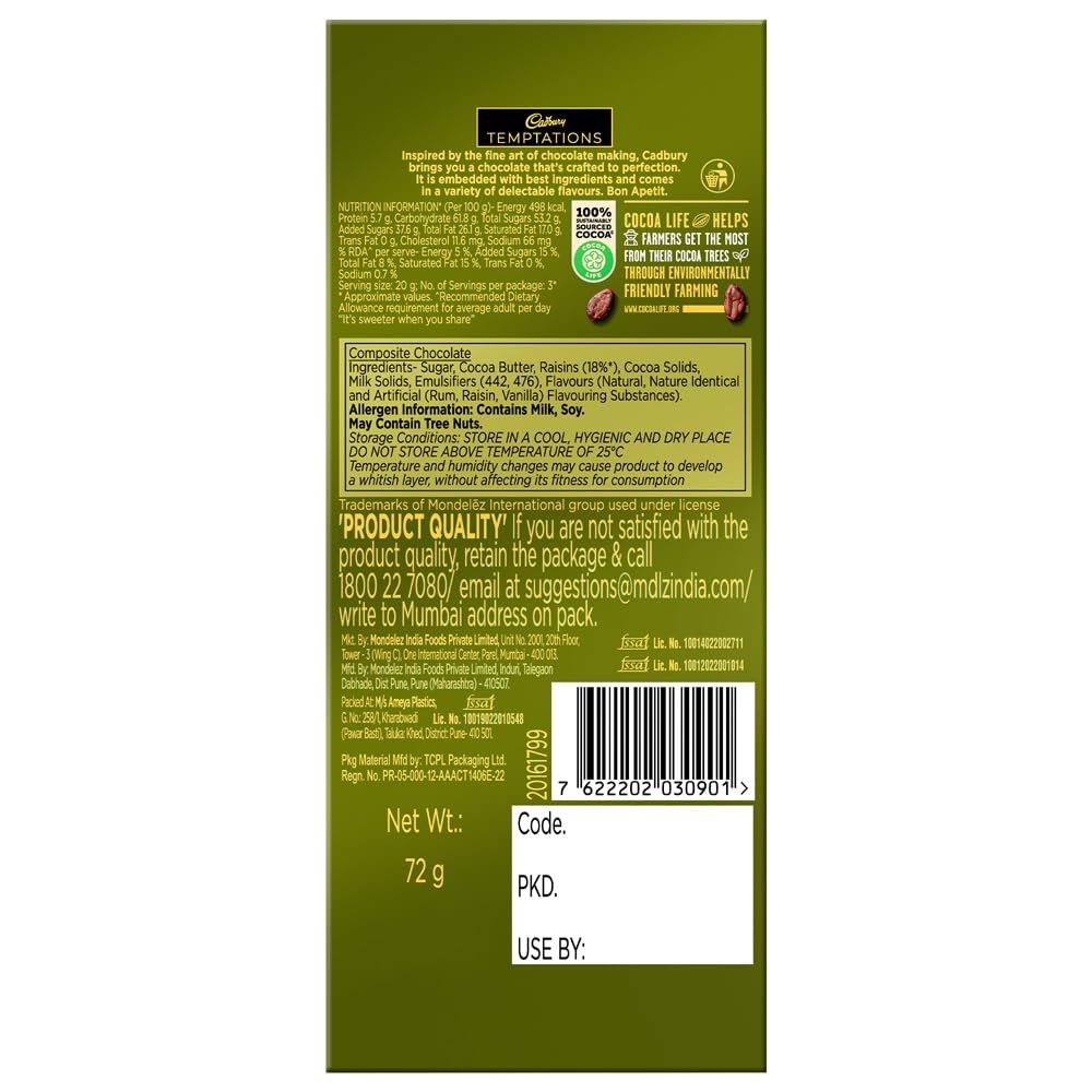 Cadbury Temptations Rum and Raisin Chocolate 72 Gms view 2