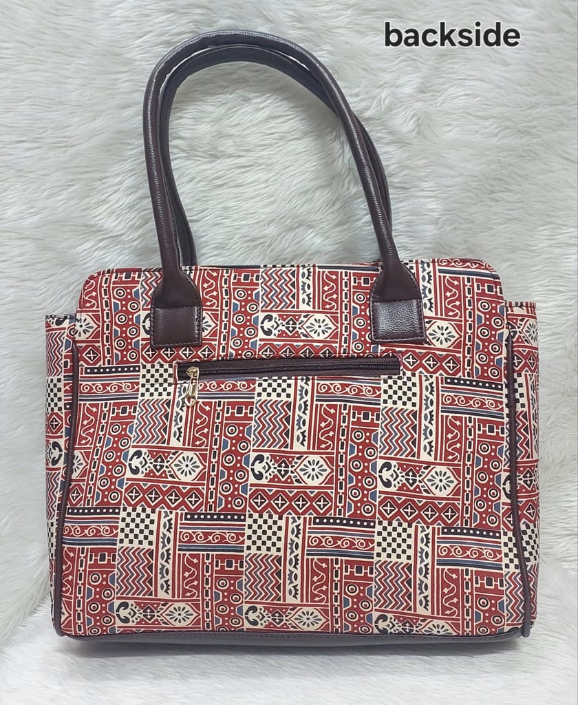 Cotton Azrak Printed brick red Jute Tote Bag with Complimentary Pouch view 2