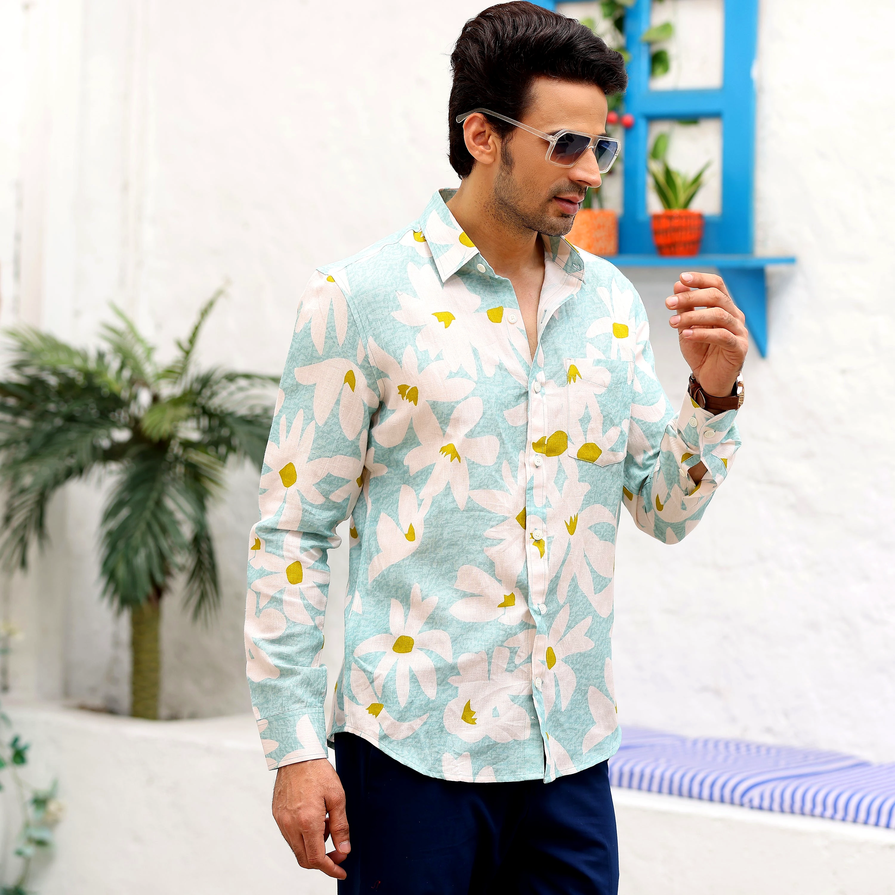 Lily Flower Light Turquoise Casual Pure Linen Full Shirt (Size - XXL) by BLUE EAGLE view 2