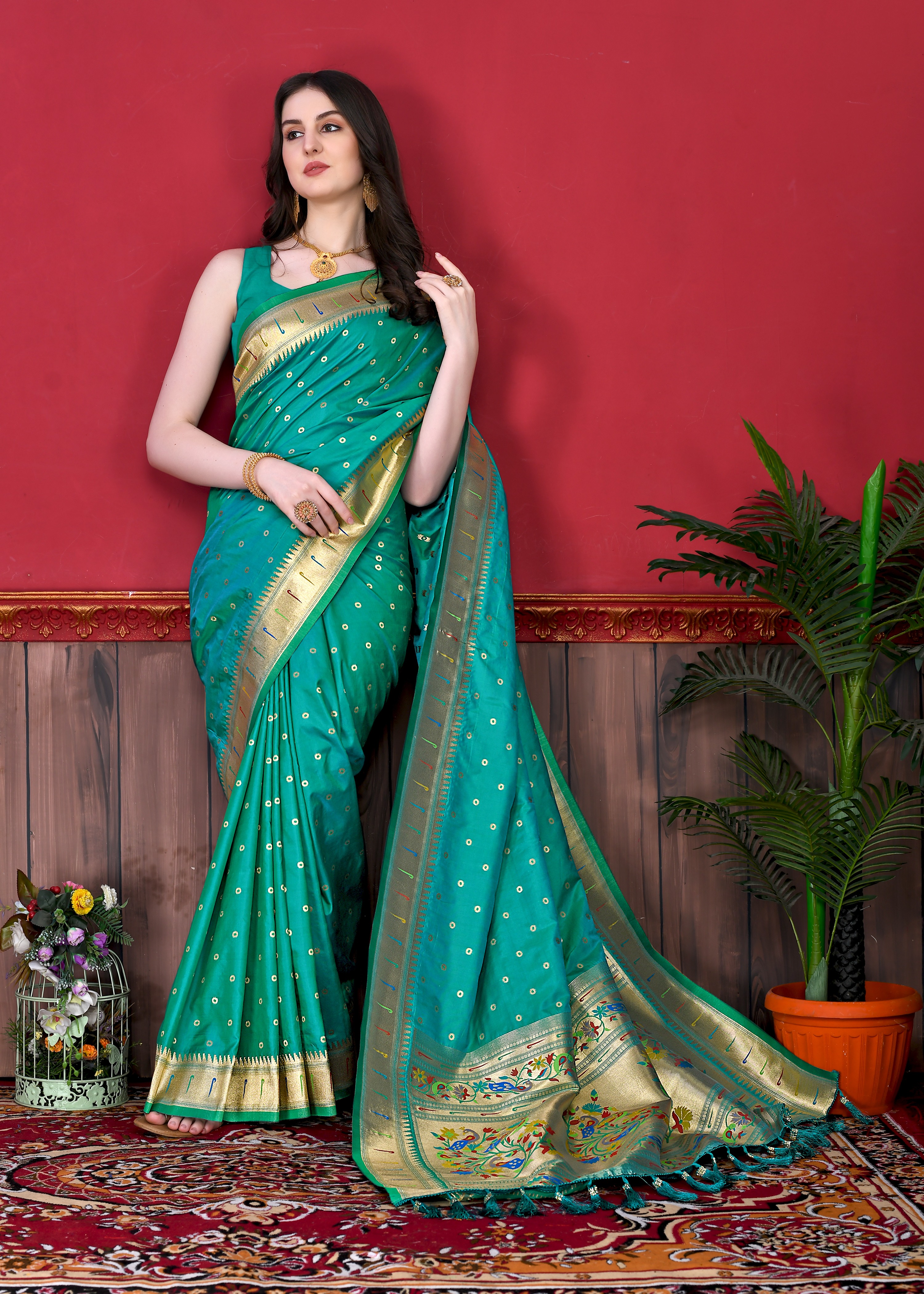 Yavira silk Women's Green Handwoven Jacquard Saree view 2