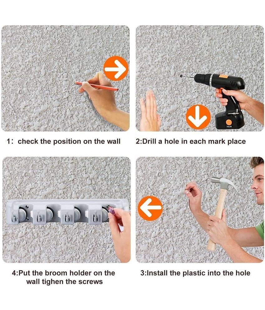 Mop and Broom Holder; Upgraded with Effective Strong Holding 4 Slot Position with 4 Hooks Garage Storage up to 9 Tools Wall Mounted; Organize Ideas; Standard Size (Grey Color) view 2