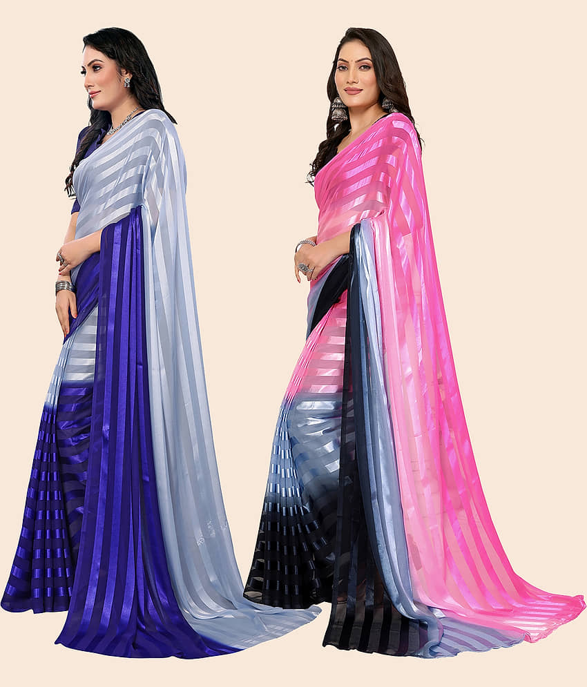 ANAND SAREES Satin Striped Saree With Unstitched Blouse Piece ( Multicolor ) view 2