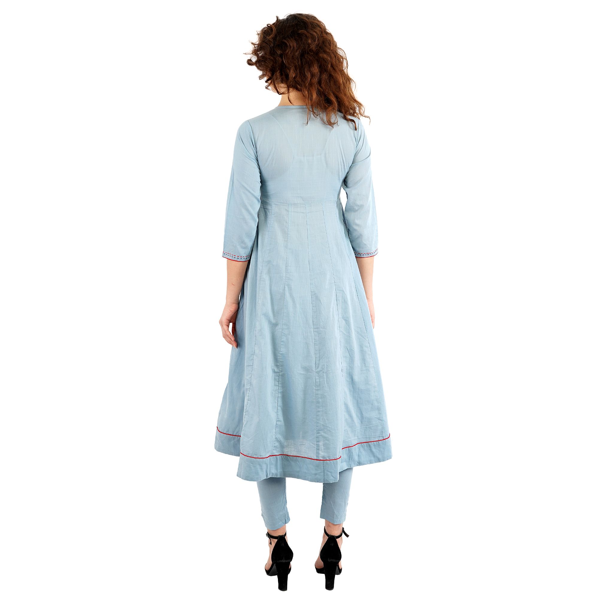 Hand Embroidered Cotton A-Line Kurti With Pant and Leheriya Dupatta view 2