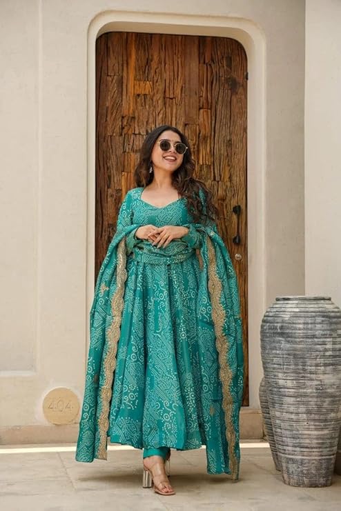 Womens Cotton Anarkali Kurta Set with Malmal Dupatta | Sanganeri Print Flared Kurti Suit view 2