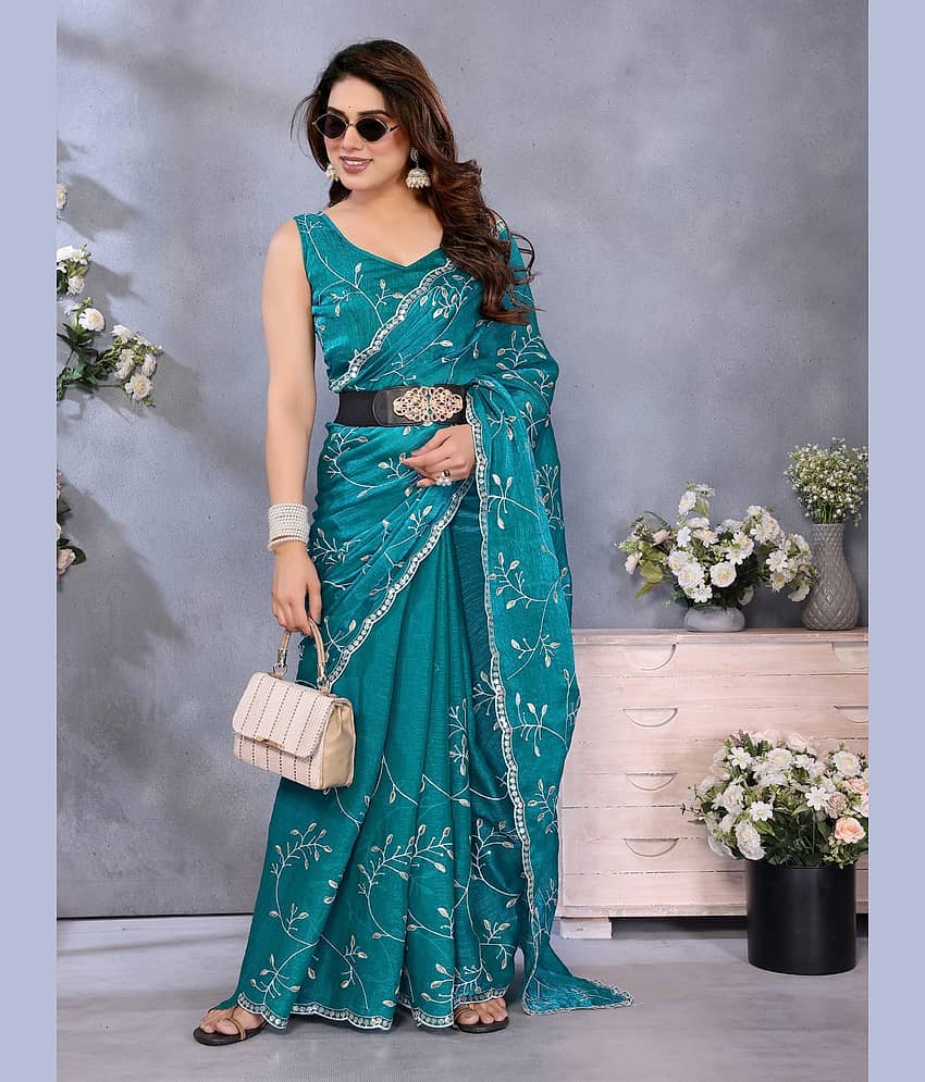 BLEESBURY Zimmy Choo Embroidered Maheshwari Saree With Unstitched Blouse Piece ( Rama ) view 2
