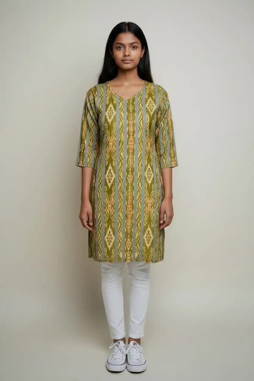 Sambalpuri Bandhakala Cotton Kurti in Olive view 2