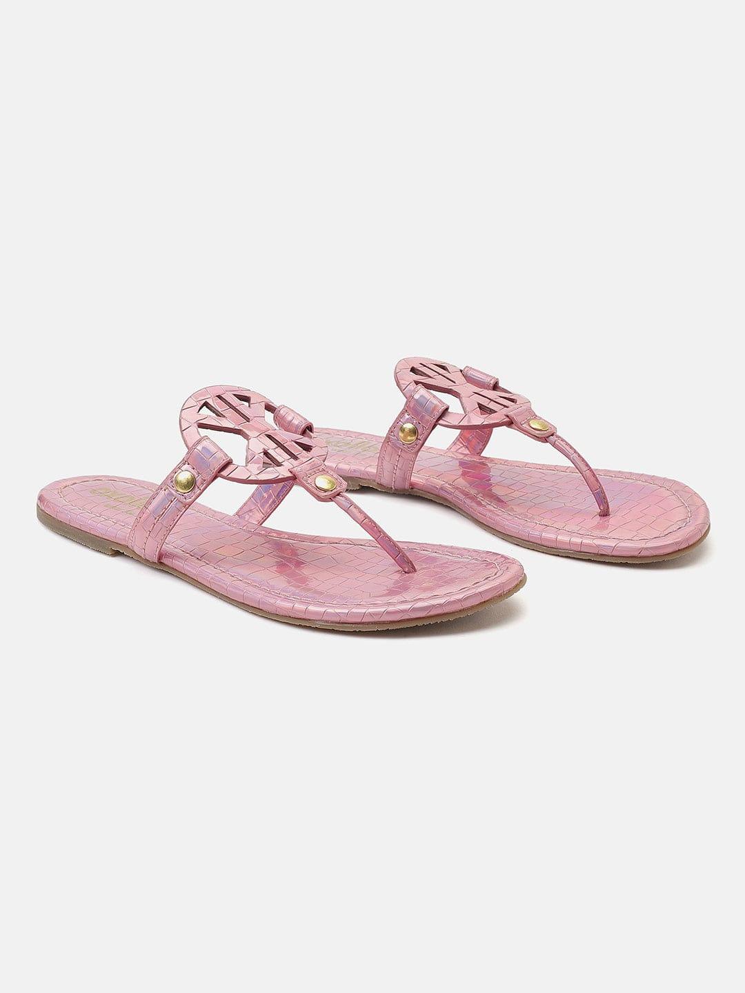 Glittery Textured Pink T-Shape Open Back Flat Sandals view 2