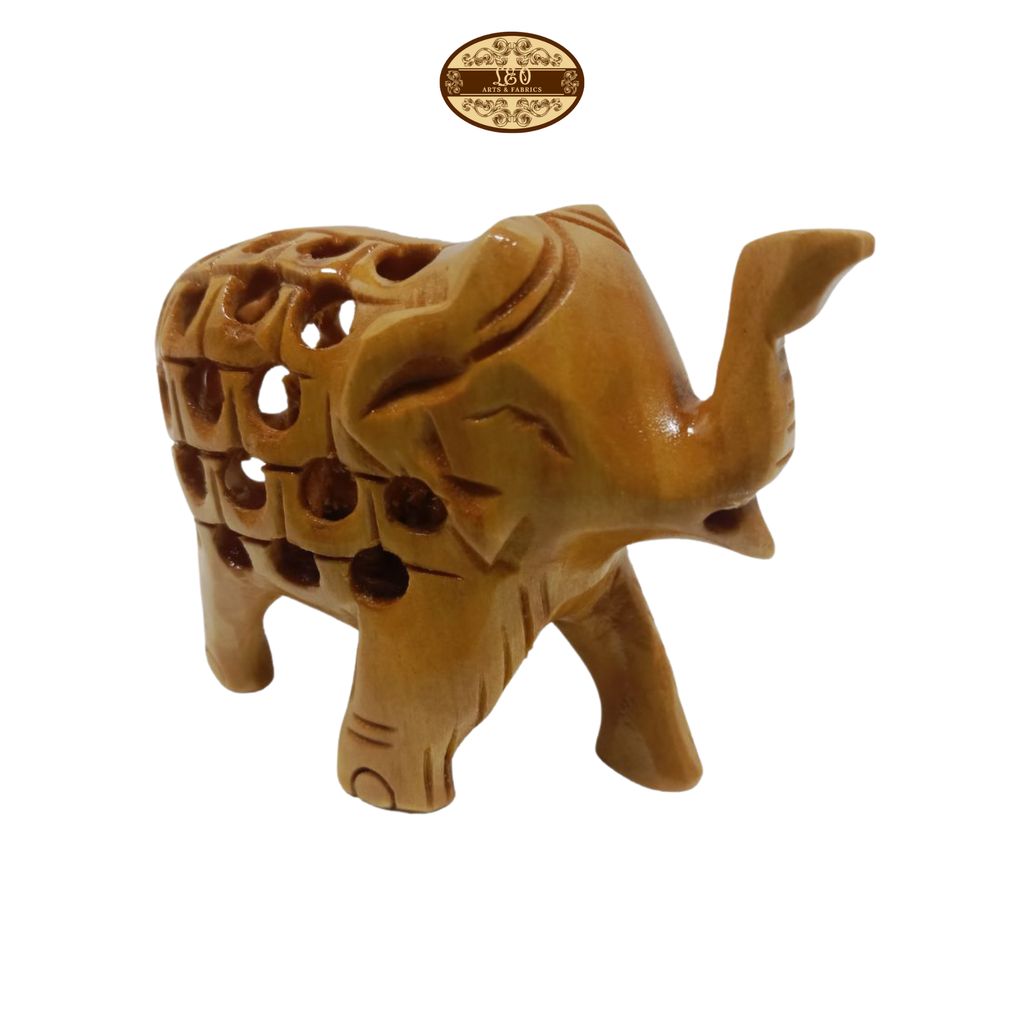 Hand Carved Wooden Undercut Jali Elephant Figurine, Greeting, 5 cm, Pack of 2 view 2