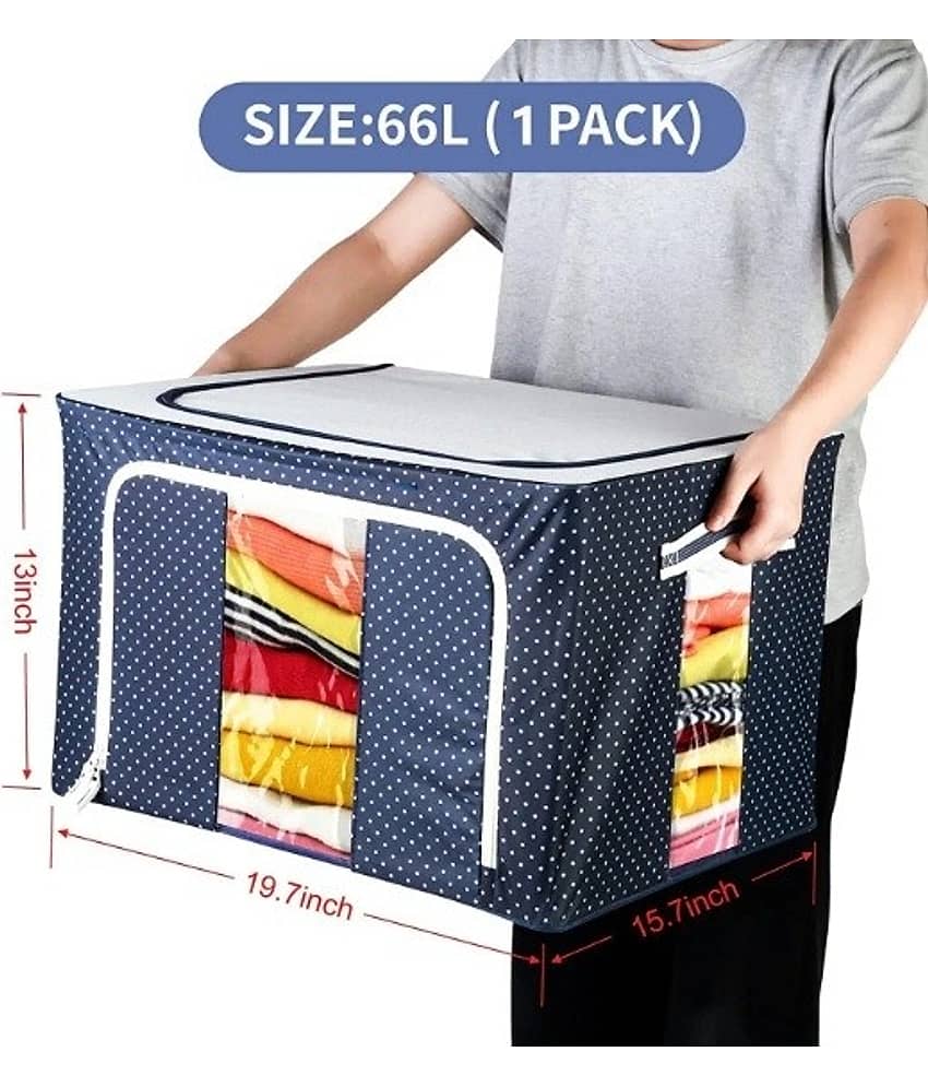 (Pack of 1) 66 Ltr storage bag Foldable Steel Frame Cloths Zip Organizer Bag and Oxford Fabric Storage Living Cover Boxes For Wardrobe Organizer Shelves Clothes, Sarees, Bed Sheet, Blanket view 2