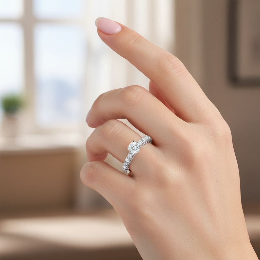 925 Sterling Silver Round Solitaire Ring with Pavé Side Stones for Women | Elegant CZ Diamond Look Ring I Weight - 2.1 g view 2