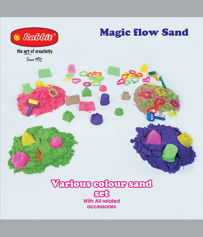 RABBIT'S 4 Magic Flow Play Sand buckets+2 Castle Sand TOYS+ SAND TOYS |Kinetic Play Sand for kids|Sand Clay with Shapes|Kids Playing Sand|Child Safe|Indoor Play Sand for Kids|Play Sand for kids with Sand toys|DIY Kits|Creative kits for kids|Age 3+ view 2