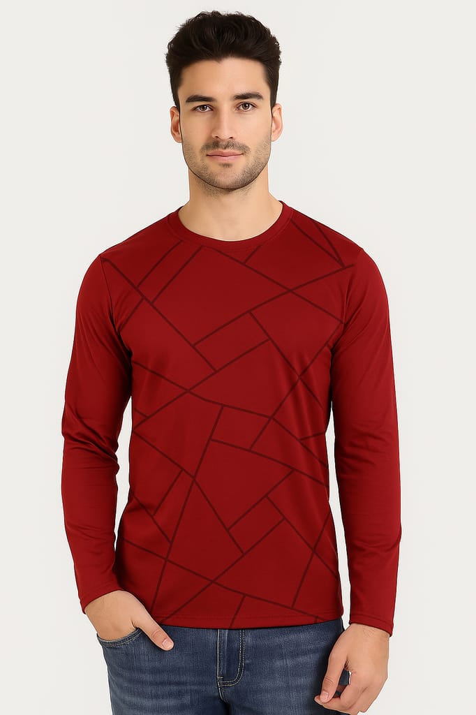 Men's Maroon Full Sleeve T-Shirt with Geometric Print | Stylish Casual Wear for Daily & Party Use view 2