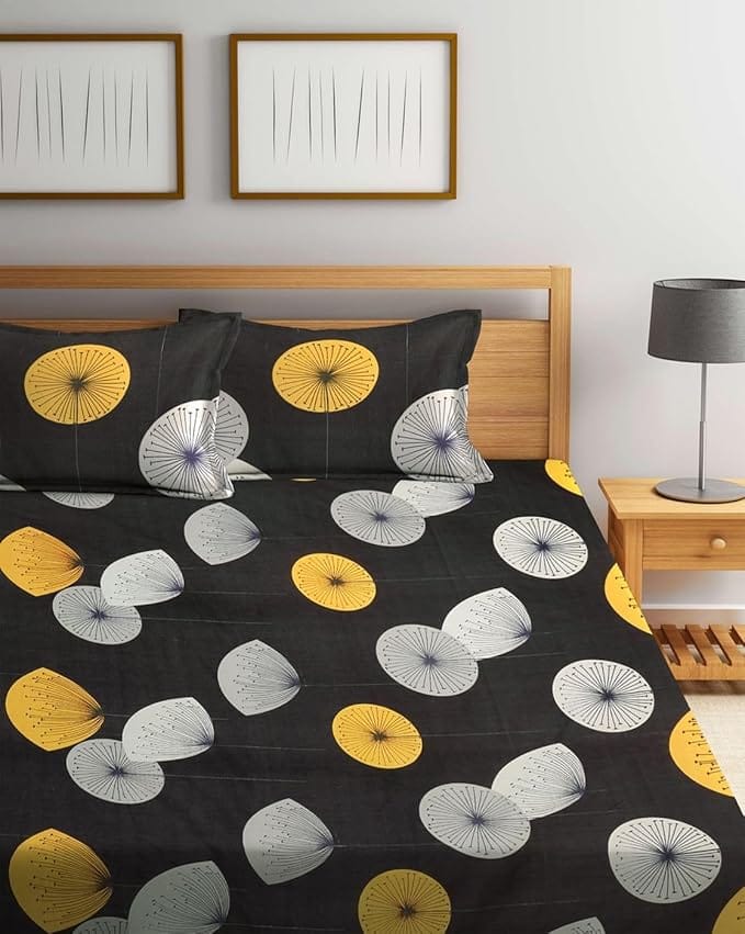Black and White Cotton Bedsheet with Yellow and White Floral Print view 2