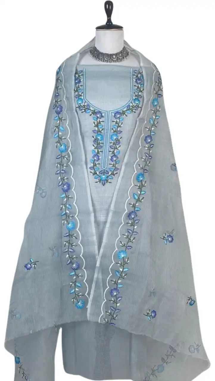 Kota Doria Dress Material Greyish Blue Floral Yoke view 2