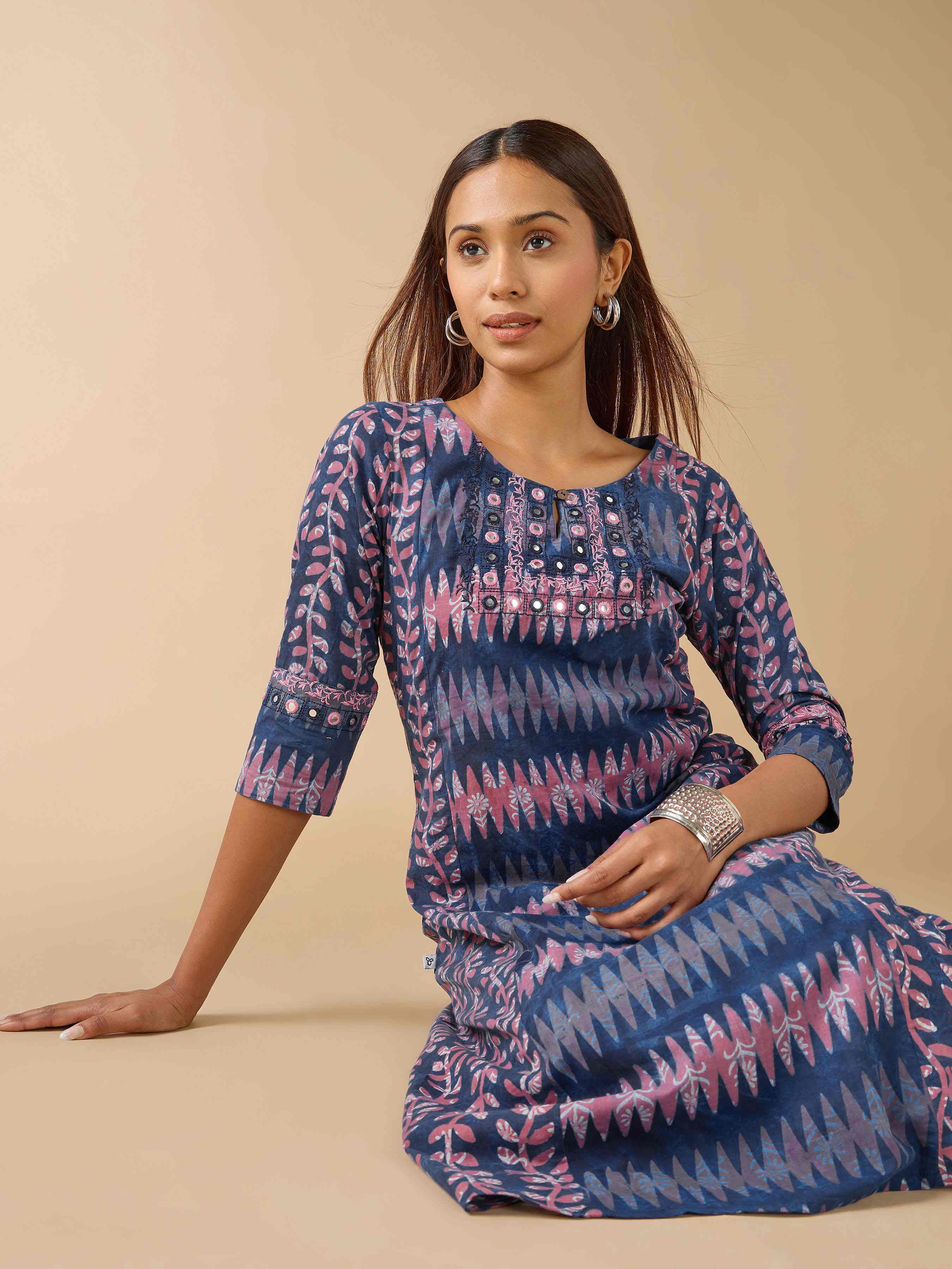 Indigo Pure Cotton Natural Printed Kurti With Mirror Embroidery view 2