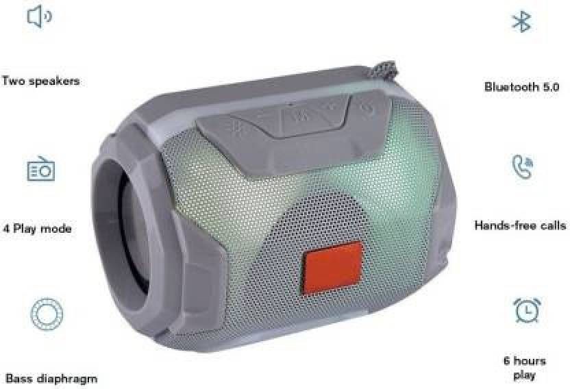 Wireless Bluetooth Speaker with Mic, FM Radio, AUX or USB or TF Support & 6Hrs Playtime - Hands-Free Calling & Rechargeable Battery Grey view 2