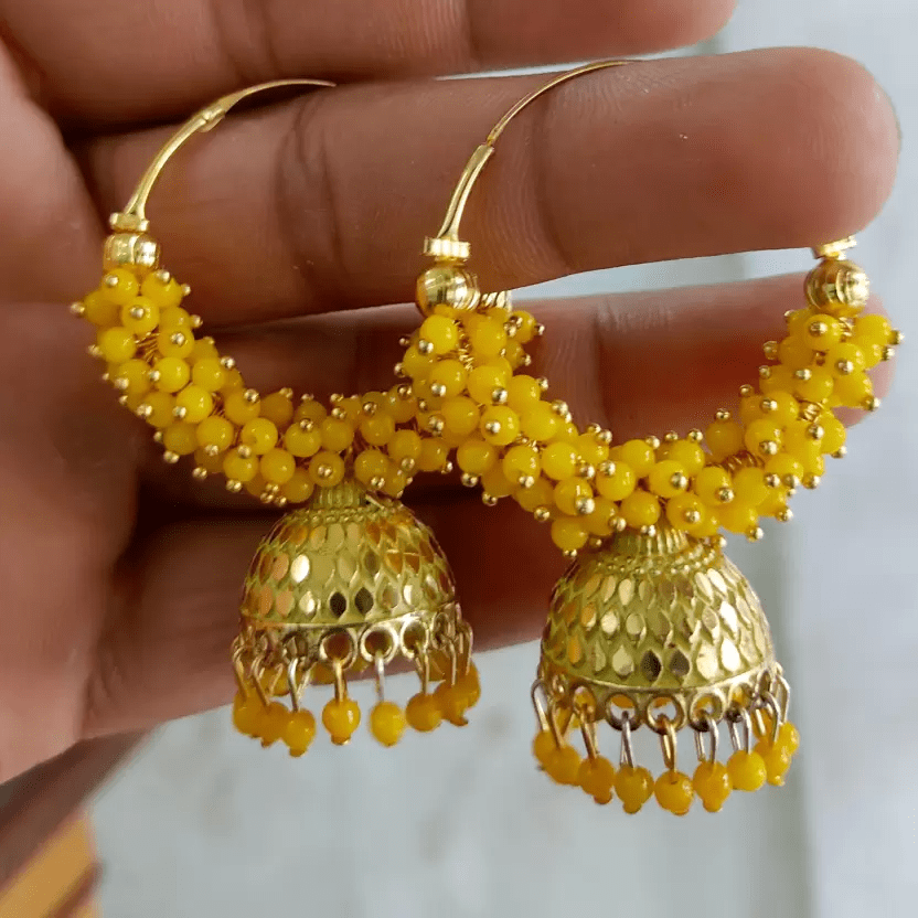 Traditional Yellow Color Oxidized Big hoop (Bali) Jhumka Earrings for Women. Alloy Jhumki Earring, Drops & Danglers, Chandbali Earring, Earring Set view 2