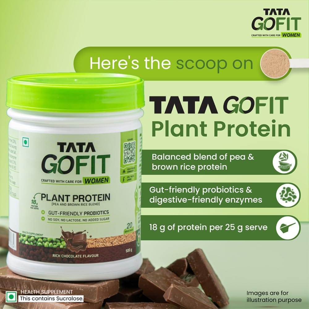 Tata GoFit Plant Protein Powder, Pea & Brown Rice Blend, 18g Protein, Rich Chocolate Flavour, 500g (20 Serves), No Soy, No Lactose, No Added Sugar, Vegan view 2