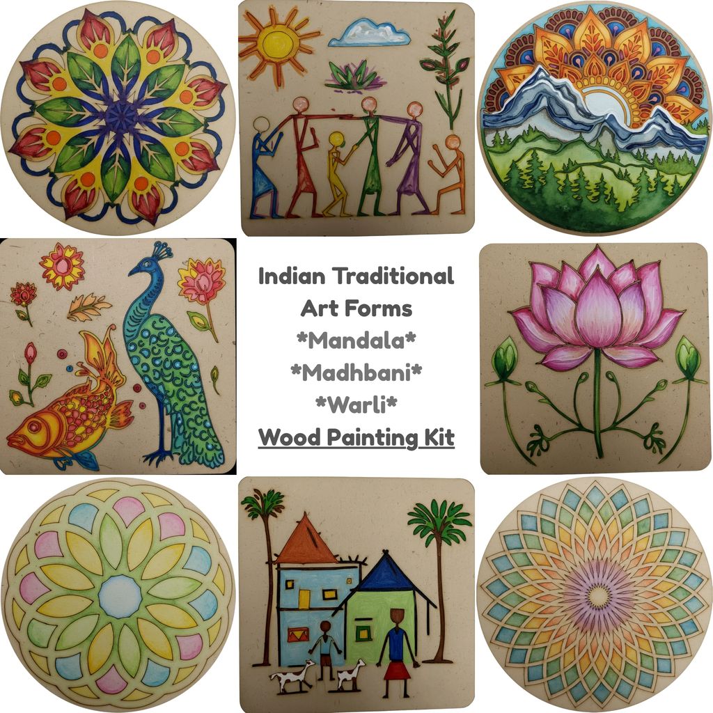 Indian Art Painting Kit with Mandala and Traditional Art Forms – DIY Creative Painting Set with Pre-Engraved Wooden Art Panels view 2