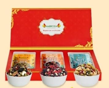 Ambrosia Healthy Trail Mixes Gift Hamper with Rakhi Tikka & Greeting Card (NutMix 250g, Morning Mix 250g, Seed Mix 250 g) view 2
