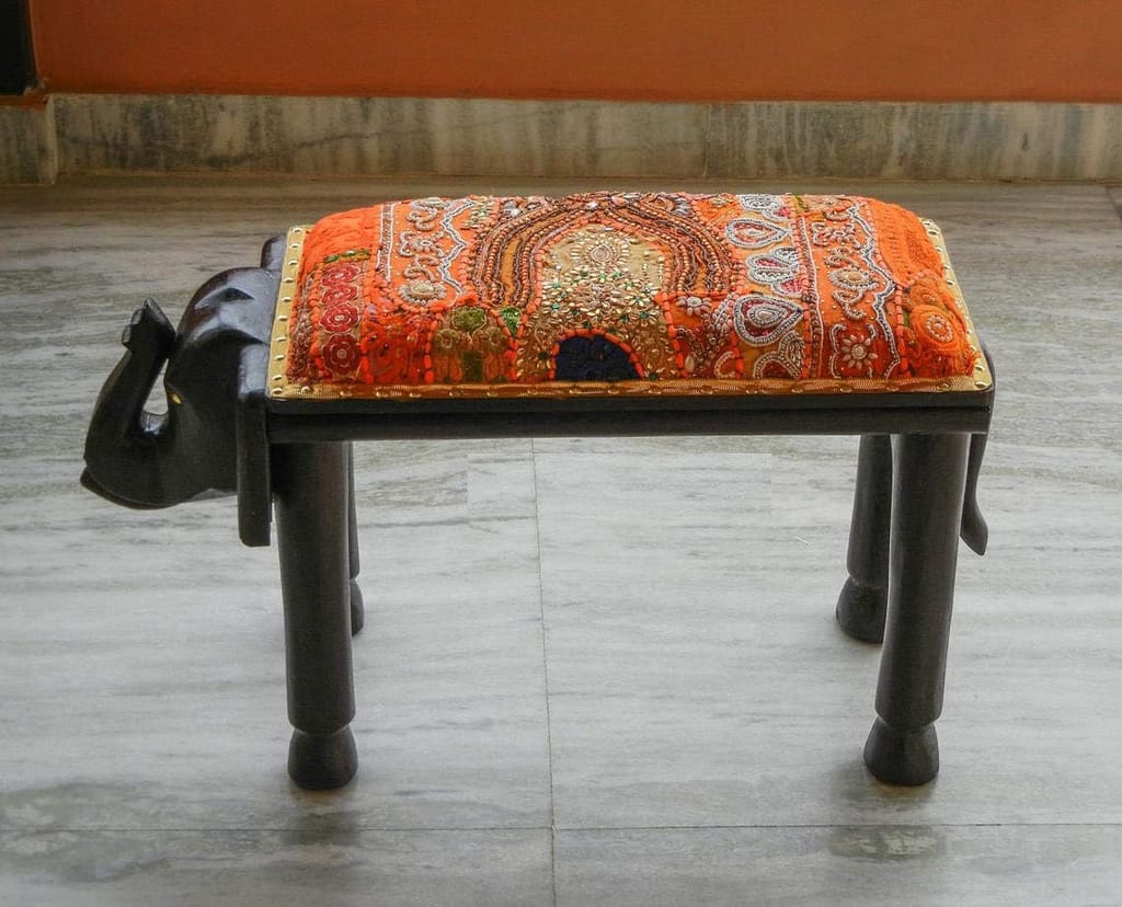 Aaradhya Creations - Wooden Elephant Ottoman Low Seat Stool Footstool Chair Handmade Indian Ethnic Style view 2