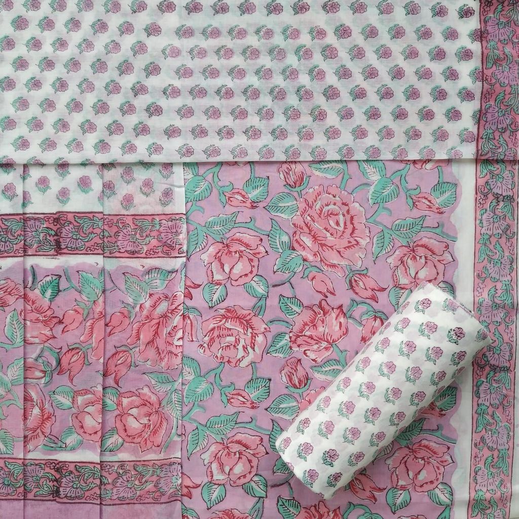 Rose Jaal Print Cotton Suit Set with Mulmul Dupatta (PRMUL404) view 2