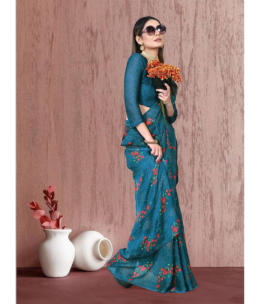 BLEESBURY Chiffon Printed Saree With Unstitched Blouse Piece ( Light Blue ) view 2