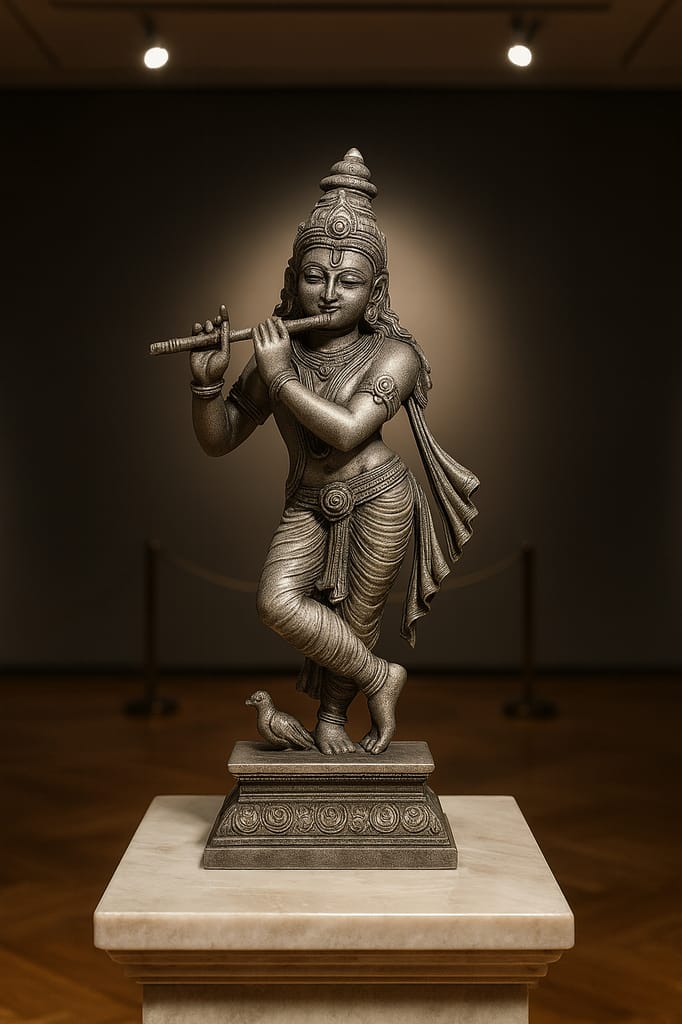 Divine Silver-Finished Lord Krishna Flute Player Statue for Home Decor & Altar view 2