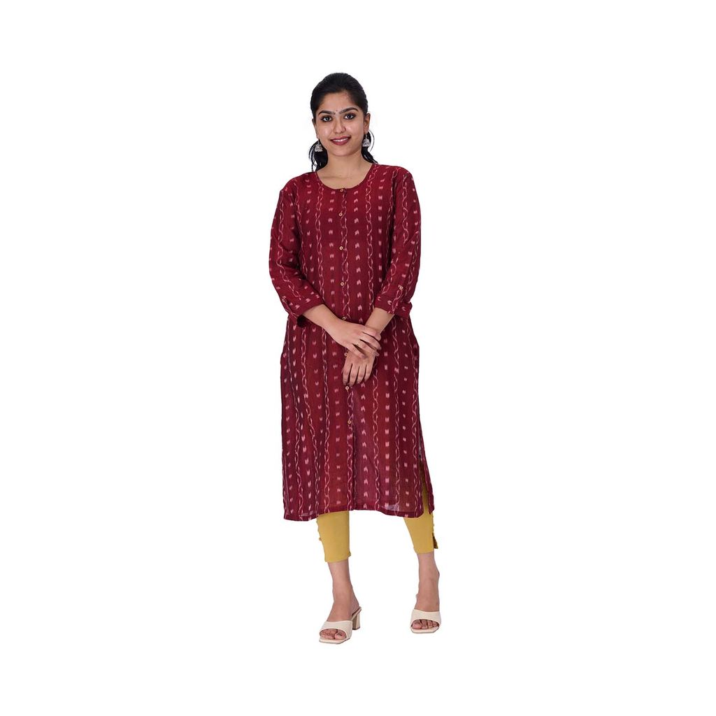 GHL GUENDICHA HAAT Sambalpuri Certified Handloom Women's Pure Cotton Round Neck Front Slit Kurta view 2