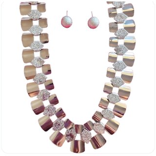 Silver Tone Tile Statement Design Necklace with Studded Earrings Set Studded Statement Necklae for women