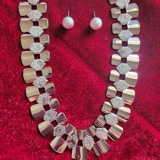 Silver Tone Tile Statement Design Necklace with Studded Earrings Set Studded Statement Necklae for women view 2