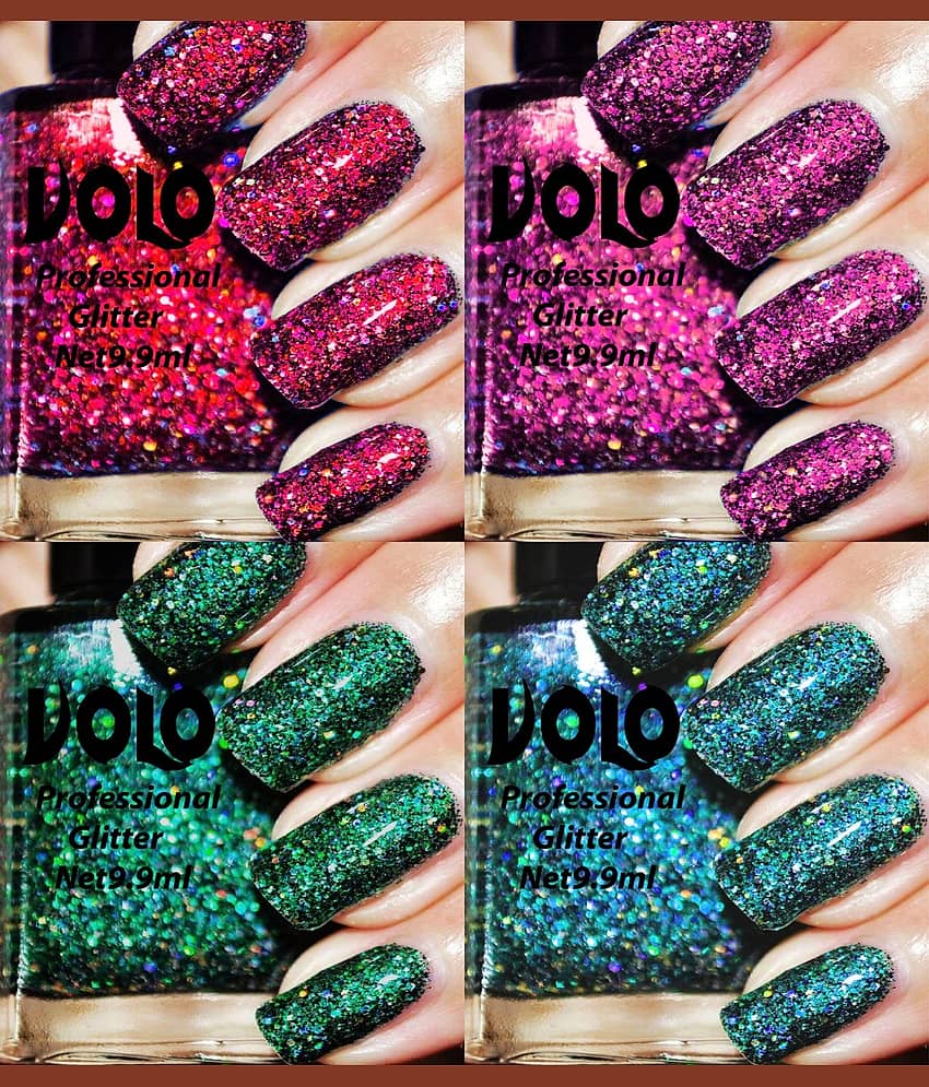 VOLO Professionally Used Glitter Shine Nail Polish Magenta,Purple,Green Blue Pack of 4 39 mL view 2
